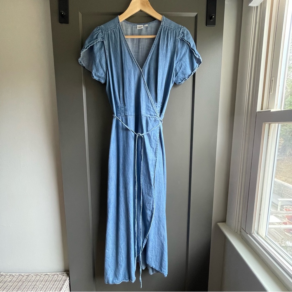 {Gap} chambray denim midi wrap dress size S